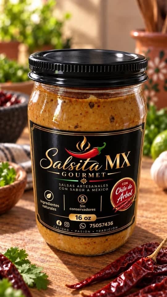 Frasco de salsa Salsita MX Gourmet con chile de árbol sobre una mesa de madera